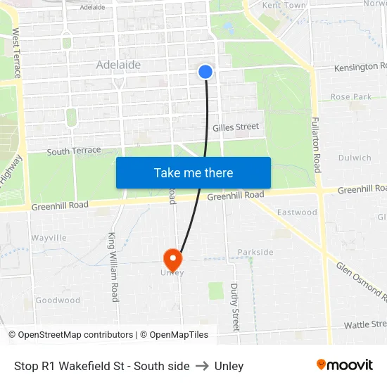Stop R1 Wakefield St - South side to Unley map