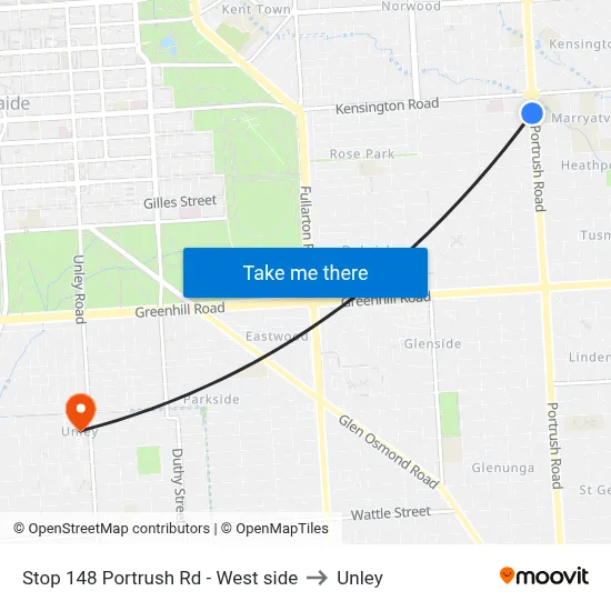 Stop 148 Portrush Rd - West side to Unley map