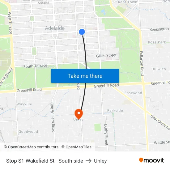 Stop S1 Wakefield St - South side to Unley map