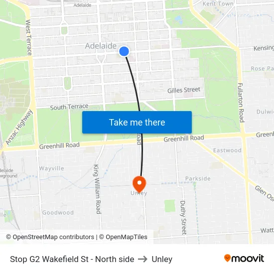 Stop G2 Wakefield St - North side to Unley map