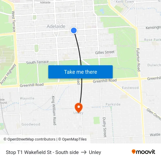 Stop T1 Wakefield St - South side to Unley map