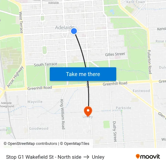Stop G1 Wakefield St - North side to Unley map