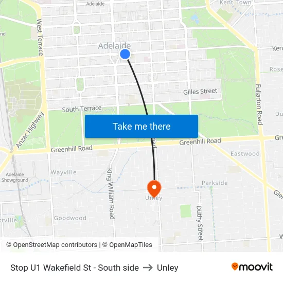 Stop U1 Wakefield St - South side to Unley map