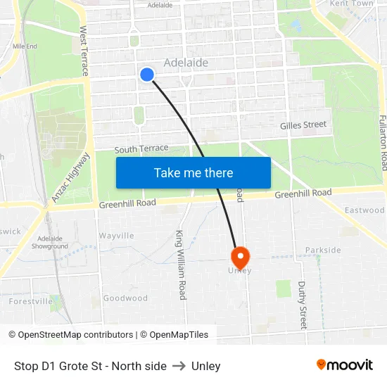 Stop D1 Grote St - North side to Unley map