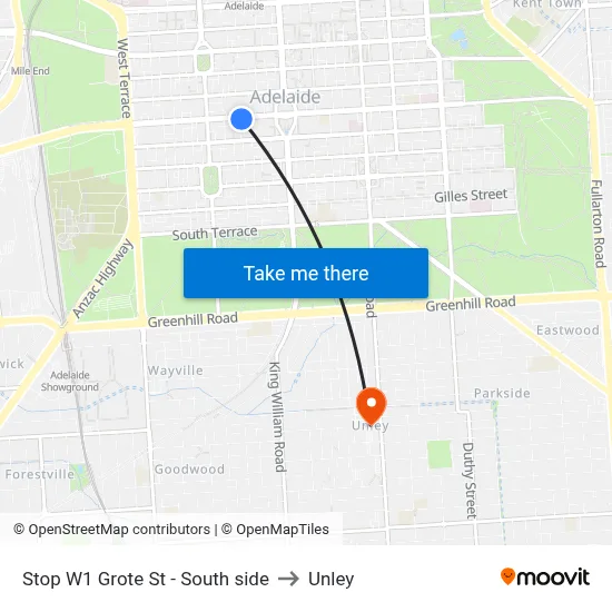 Stop W1 Grote St - South side to Unley map