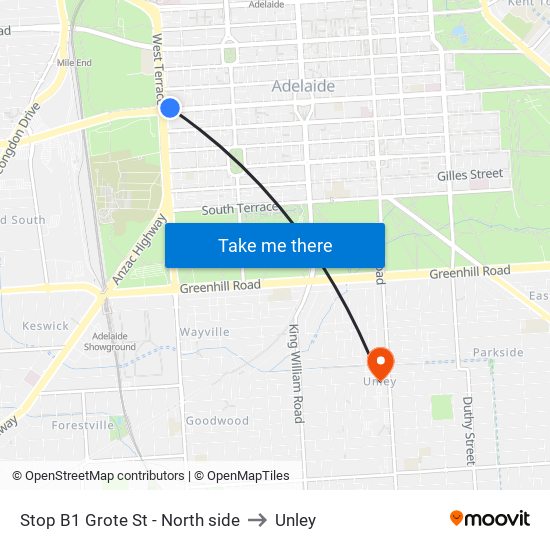 Stop B1 Grote St - North side to Unley map