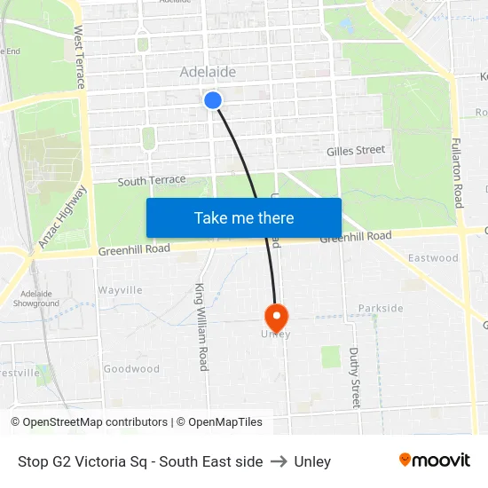 Stop G2 Victoria Sq - South East side to Unley map