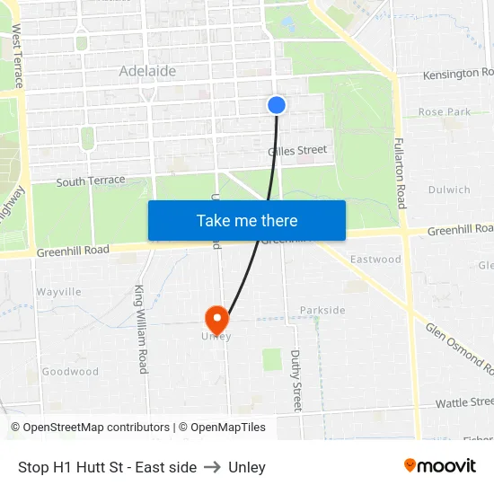Stop H1 Hutt St - East side to Unley map