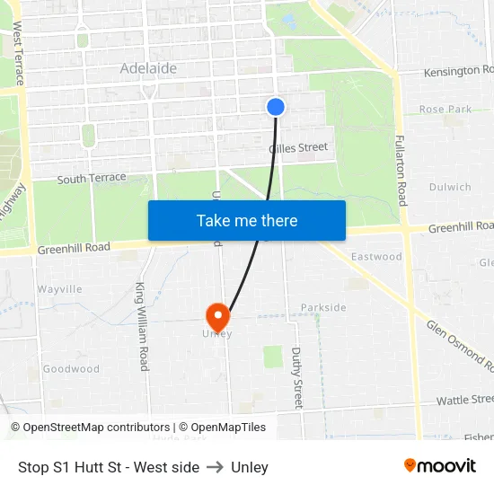 Stop S1 Hutt St - West side to Unley map