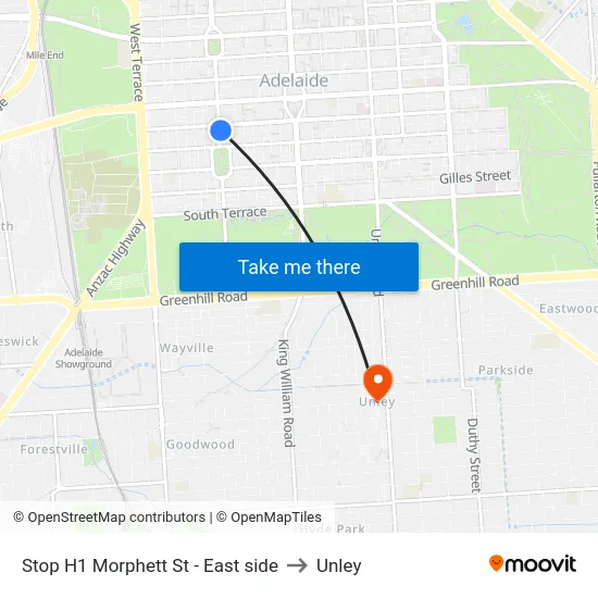 Stop H1 Morphett St - East side to Unley map