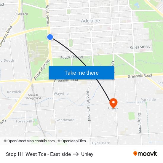 Stop H1 West Tce - East side to Unley map