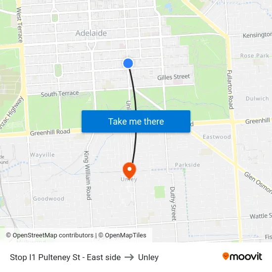 Stop I1 Pulteney St - East side to Unley map