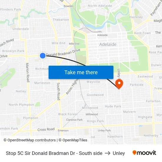 Stop 5C Sir Donald Bradman Dr - South side to Unley map