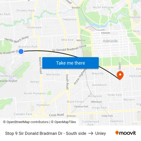 Stop 9 Sir Donald Bradman Dr - South side to Unley map