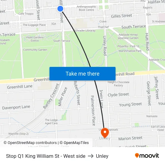 Stop Q1 King William St - West side to Unley map