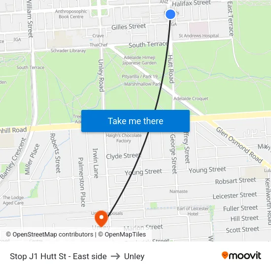 Stop J1 Hutt St - East side to Unley map