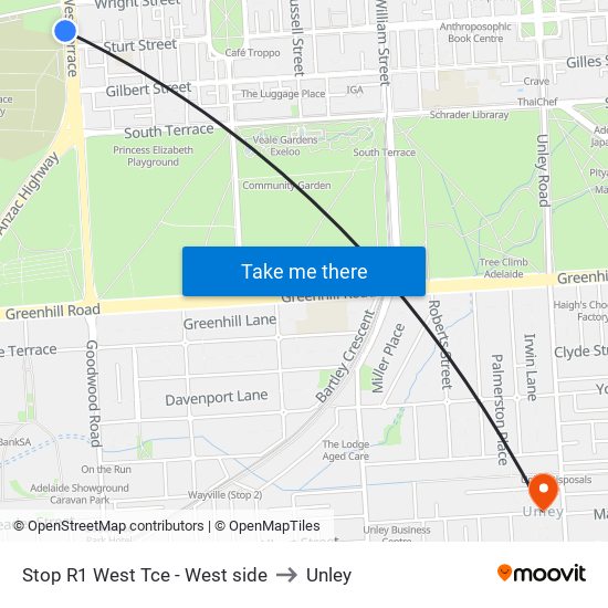 Stop R1 West Tce - West side to Unley map