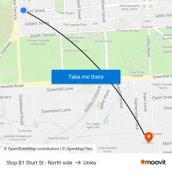 Stop B1 Sturt St - North side to Unley map