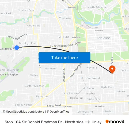 Stop 10A Sir Donald Bradman Dr - North side to Unley map