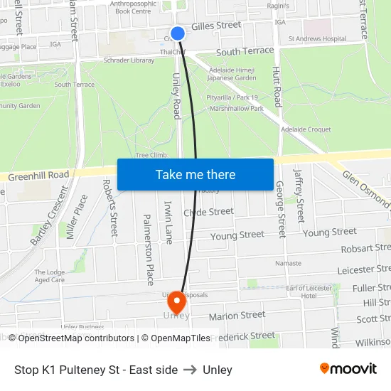 Stop K1 Pulteney St - East side to Unley map