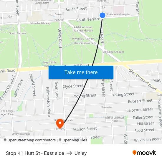 Stop K1 Hutt St - East side to Unley map