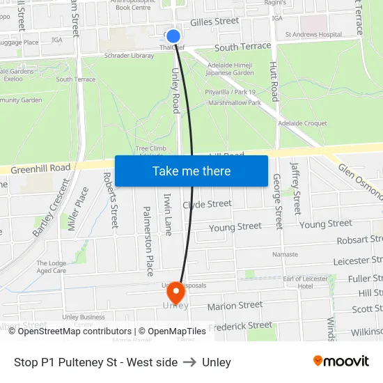 Stop P1 Pulteney St - West side to Unley map
