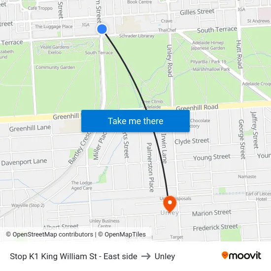 Stop K1 King William St - East side to Unley map