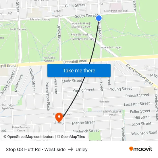 Stop O3 Hutt Rd - West side to Unley map