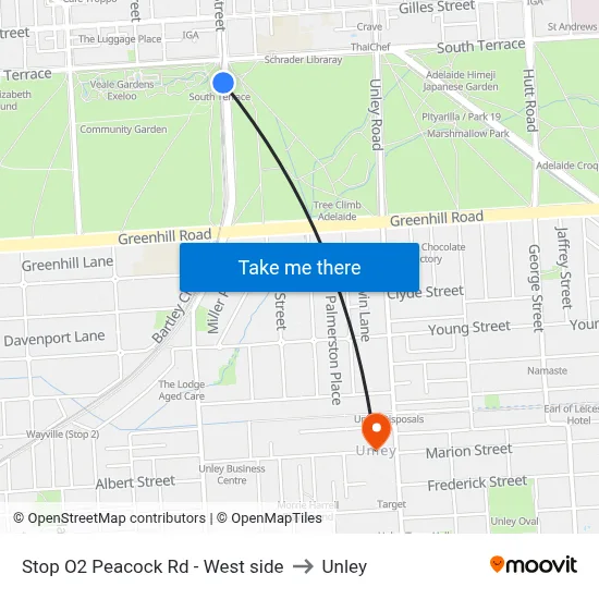 Stop O2 Peacock Rd - West side to Unley map