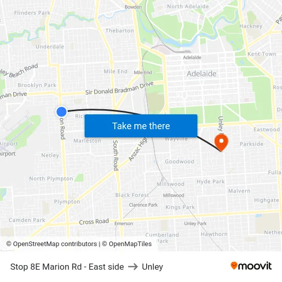 Stop 8E Marion Rd - East side to Unley map