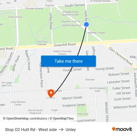 Stop O2 Hutt Rd - West side to Unley map