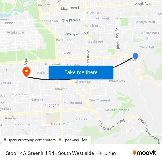 Stop 14A Greenhill Rd - South West side to Unley map