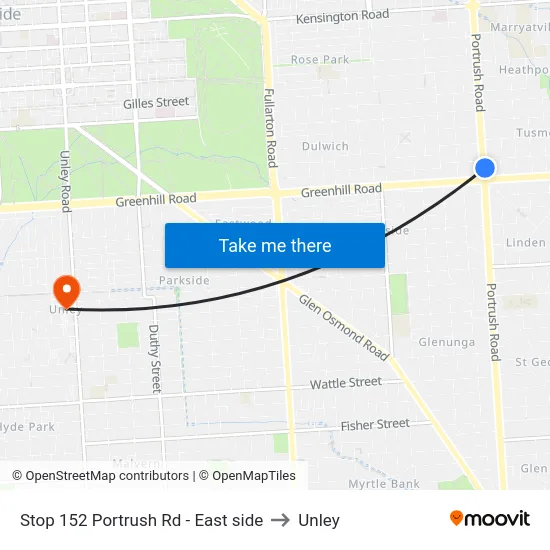 Stop 152 Portrush Rd - East side to Unley map