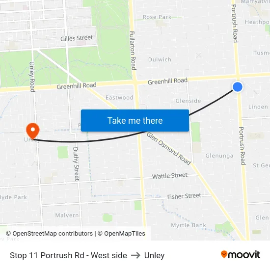 Stop 11 Portrush Rd - West side to Unley map