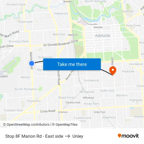 Stop 8F Marion Rd - East side to Unley map