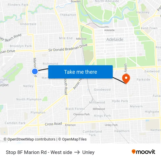 Stop 8F Marion Rd - West side to Unley map