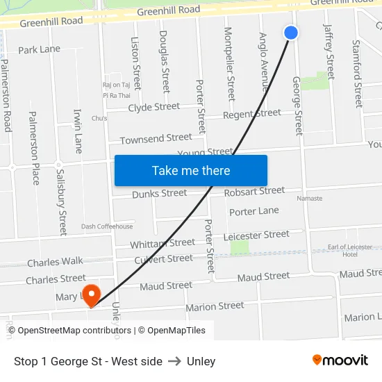 Stop 1 George St - West side to Unley map