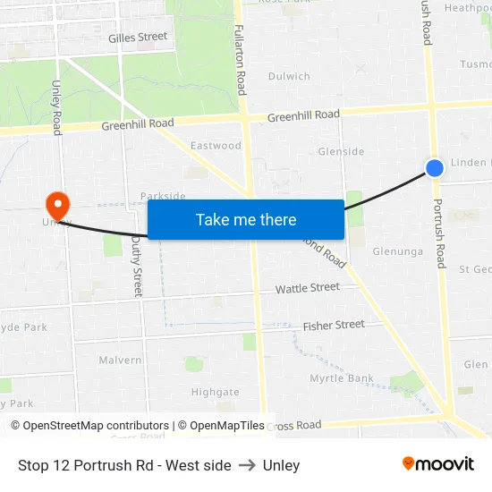 Stop 12 Portrush Rd - West side to Unley map