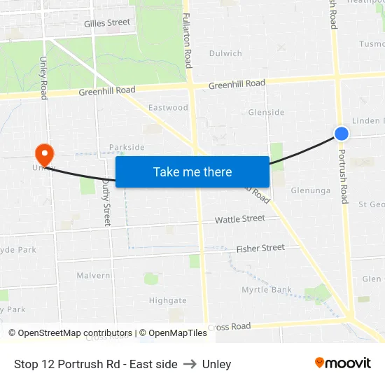 Stop 12 Portrush Rd - East side to Unley map