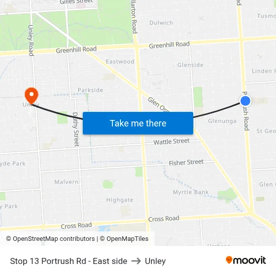 Stop 13 Portrush Rd - East side to Unley map
