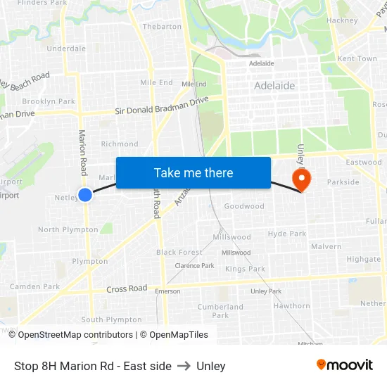 Stop 8H Marion Rd - East side to Unley map