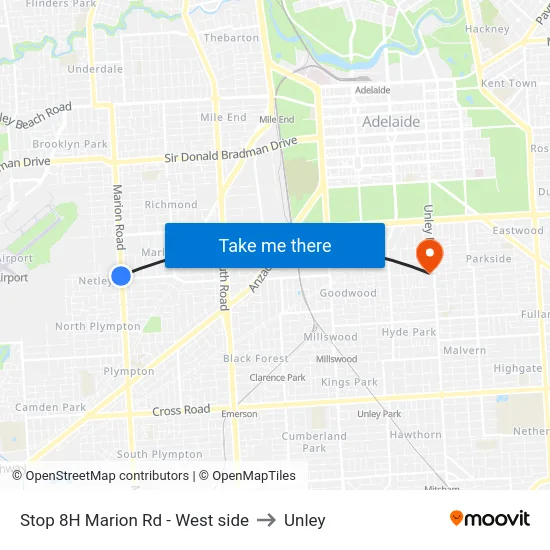 Stop 8H Marion Rd - West side to Unley map
