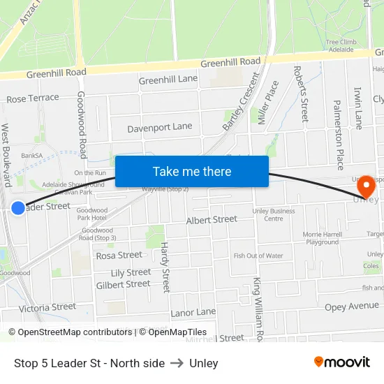 Stop 5 Leader St - North side to Unley map
