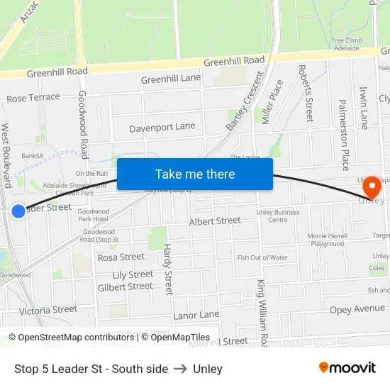 Stop 5 Leader St - South side to Unley map