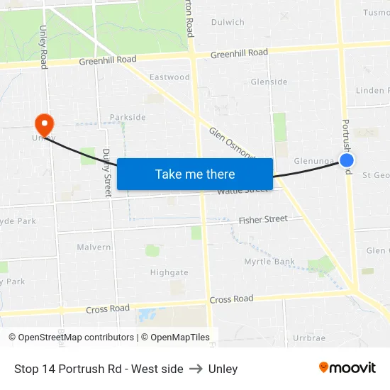 Stop 14 Portrush Rd - West side to Unley map