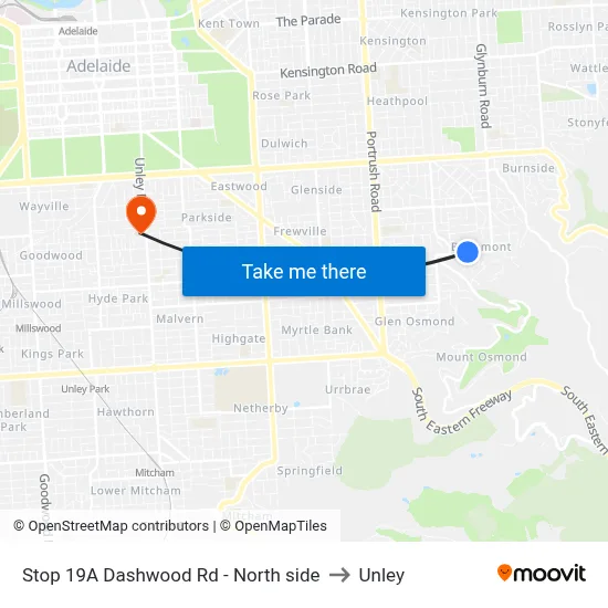 Stop 19A Dashwood Rd - North side to Unley map