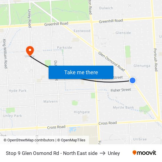 Stop 9 Glen Osmond Rd - North East side to Unley map