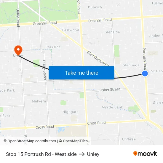 Stop 15 Portrush Rd - West side to Unley map