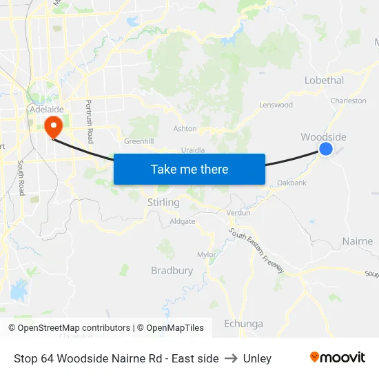 Stop 64 Woodside Nairne Rd - East side to Unley map
