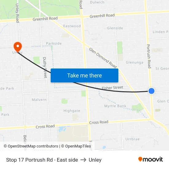 Stop 17 Portrush Rd - East side to Unley map